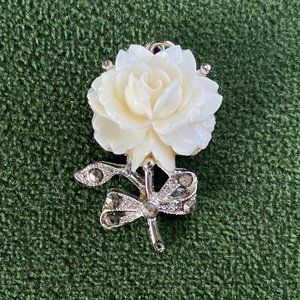 White Rose Silver toned stem Necklace Charm